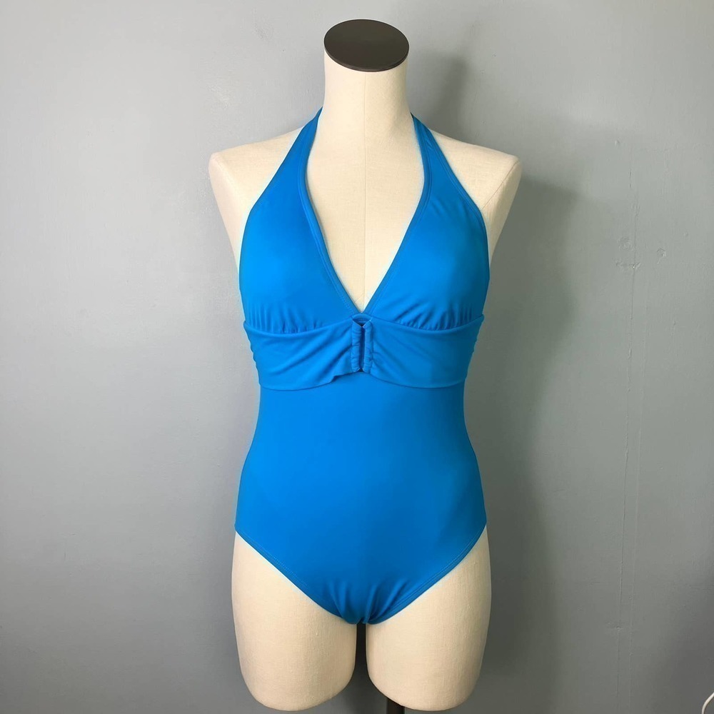 A.N.A. A New Approach Bright Blue One Piece Ring Detail Halter Swimsuit Size 10